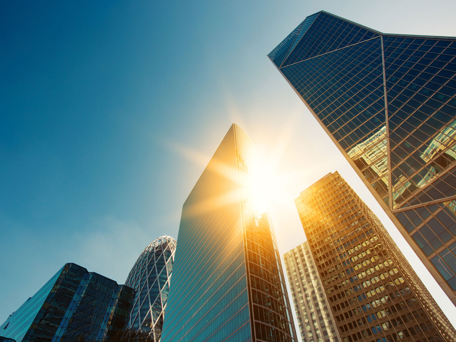 Photo of glass skyscrapers with the sun rising behind them