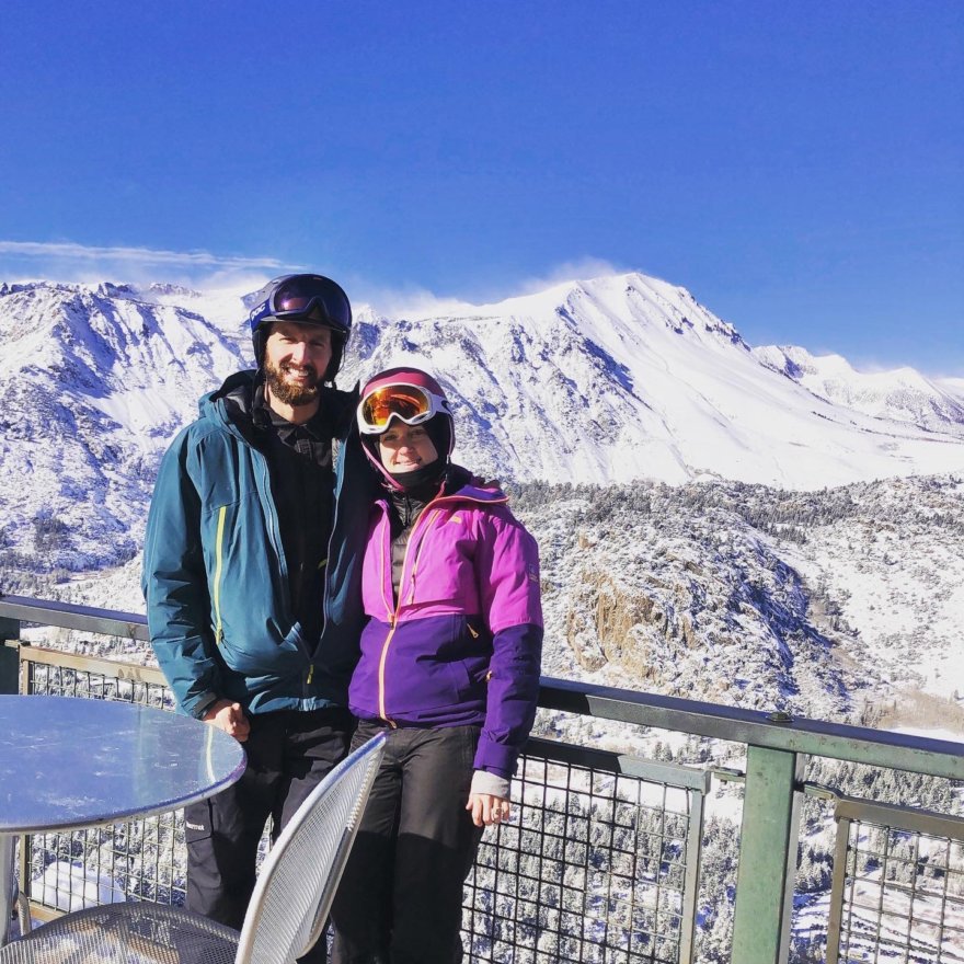 Tiffany and her husband skiing Mammoth